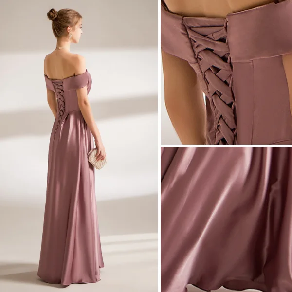 Modest / Simple Purple Evening Dresses Prom Dresses 2021 A-Line / Princess Off-The-Shoulder Short Sleeve Backless Floor-Length / Long Evening Party Formal Dresses