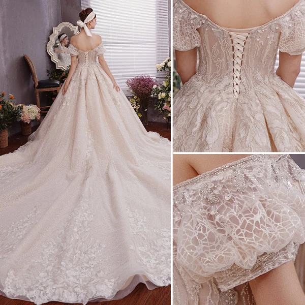 Charmant Champagner Brautkleider / Hochzeitskleider 2019 A Linie Off Shoulder Perlenstickerei Kristall Pailletten Perle Ärmellos Rückenfreies Königliche Schleppe