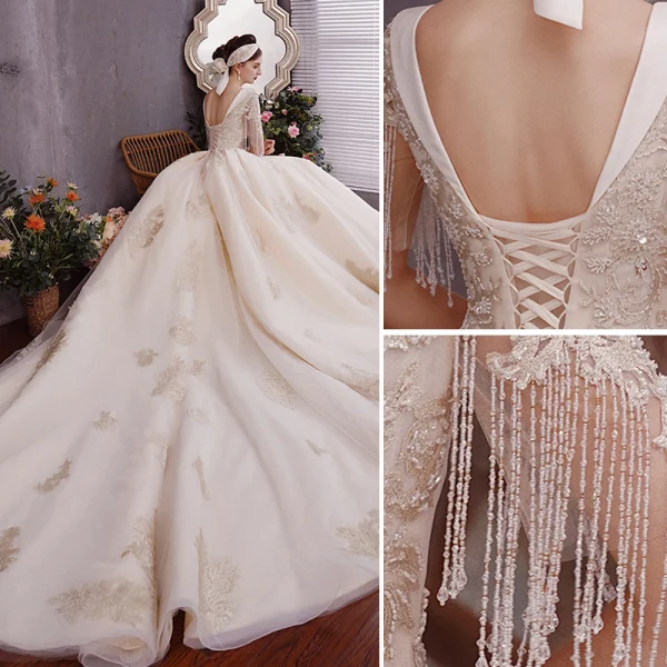 Charmant Champagner Brautkleider / Hochzeitskleider Ballkleid 2019 Tiefer V-Ausschnitt Perlenstickerei Quaste Perle Spitze Blumen Pailletten Kurze Ärmel Rückenfreies Königliche Schleppe
