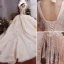 Charmant Champagner Brautkleider / Hochzeitskleider Ballkleid 2019 Tiefer V-Ausschnitt Perlenstickerei Quaste Perle Spitze Blumen Pailletten Kurze Ärmel Rückenfreies Königliche Schleppe