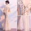 Charming Champagne Evening Dresses  2019 Trumpet / Mermaid V-Neck Sequins Bell sleeves Backless Floor-Length / Long Formal Dresses