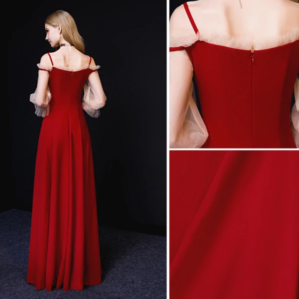 Chic / Belle Bordeaux Robe De Soirée 2019 Princesse Bretelles Spaghetti 3/4 Manches Dos Nu Longue Robe De Ceremonie