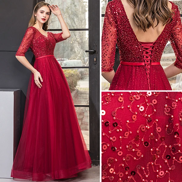 Chic / Beautiful Burgundy Evening Dresses  2019 A-Line / Princess V-Neck Lace Sequins 1/2 Sleeves Backless Floor-Length / Long Formal Dresses