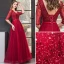Chic / Beautiful Burgundy Evening Dresses  2019 A-Line / Princess V-Neck Lace Sequins 1/2 Sleeves Backless Floor-Length / Long Formal Dresses