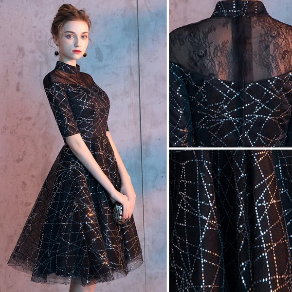 Chic / Beautiful Black Homecoming Graduation Dresses 2019 A-Line / Princess High Neck 1/2 Sleeves Sequins Knee-Length Formal Dresses