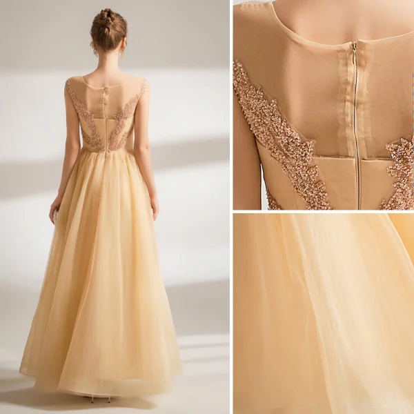 Chic / Beautiful Yellow Prom Dresses 2021 A-Line / Princess Scoop Neck Sleeveless Beading Pearl Sequins Floor-Length / Long Prom Formal Dresses