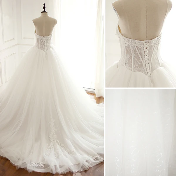 Elegant Hvit Puffy Brudekjoler 2018 Ballkjole Blonder Appliques Kjæreste Ryggløse Uten Ermer Cathedral Train Bryllup