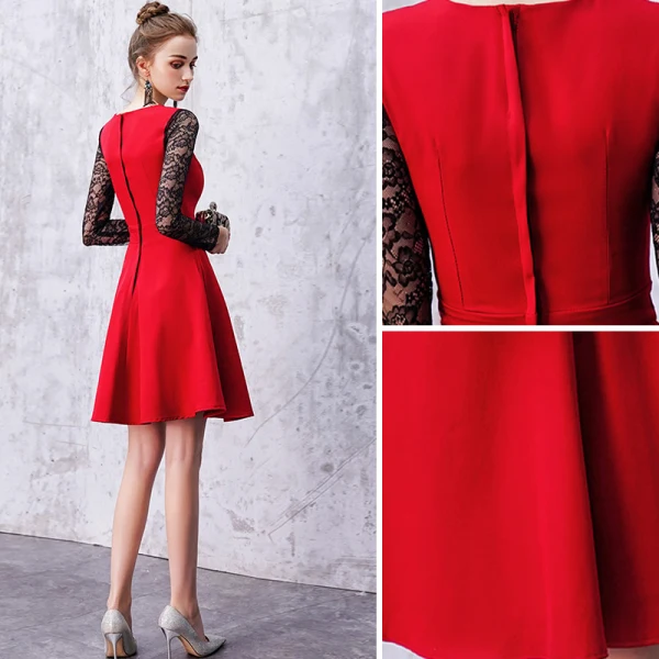 Chic / Beautiful Black Burgundy Homecoming Graduation Dresses 2019 A-Line / Princess V-Neck Lace Flower 3/4 Sleeve Knee-Length Formal Dresses