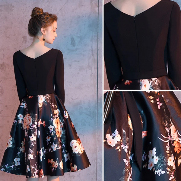Chic / Beautiful Black Party Dresses 2019 A-Line / Princess V-Neck Bow Printing 3/4 Sleeve Backless Short Formal Dresses