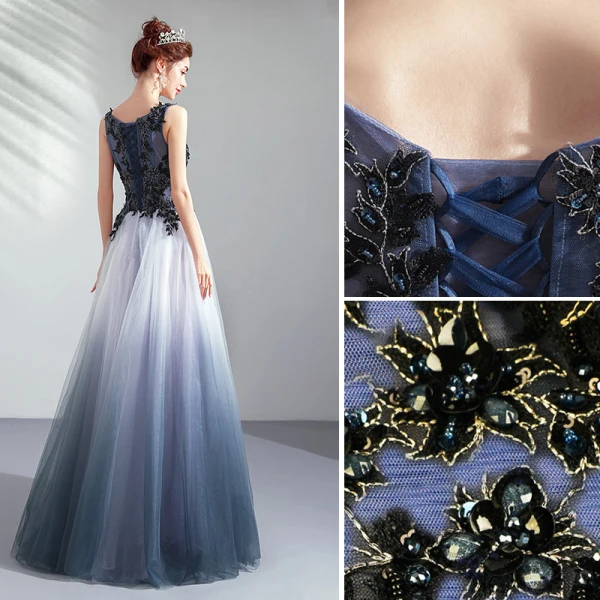 Élégant Dégradé De Couleur Robe De Soirée 2019 Princesse Encolure Dégagée Perlage Paillettes Perle Cristal En Dentelle Fleur Sans Manches Dos Nu Longue Robe De Ceremonie