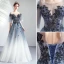 Elegant Gradient-Color Evening Dresses  2019 A-Line / Princess Scoop Neck Beading Pearl Lace Flower 1/2 Sleeves Backless Floor-Length / Long Formal Dresses