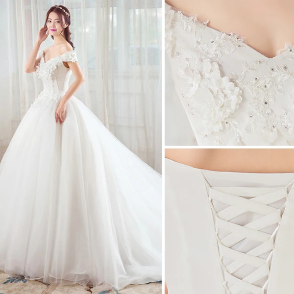 Chic / Beautiful Red Wedding Dresses 2019 A-Line / Princess Off-The-Shoulder Pearl Rhinestone Appliques Lace Flower Short Sleeve Backless Cathedral Train