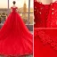 Snygga / Fina Röd Bröllopsklänningar 2019 Balklänning Av Axeln Beading Kristall Paljetter Spets Blomma Ärmlös Halterneck Cathedral Train