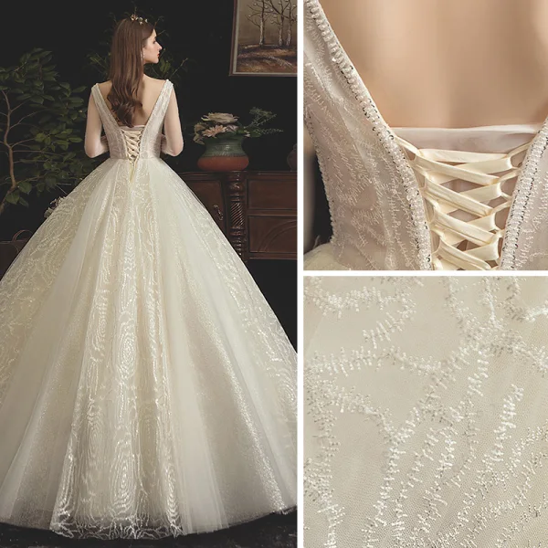 Élégant Champagne Robe De Mariée 2019 Princesse V-Cou Perlage En Dentelle Paillettes 3/4 Manches Dos Nu Longue