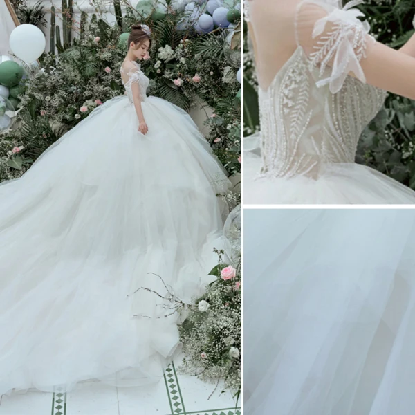 Luxury / Gorgeous White Wedding Dresses Ball Gown 2021 Scoop Neck Beading Pearl Short Sleeve Backless Royal Train Wedding
