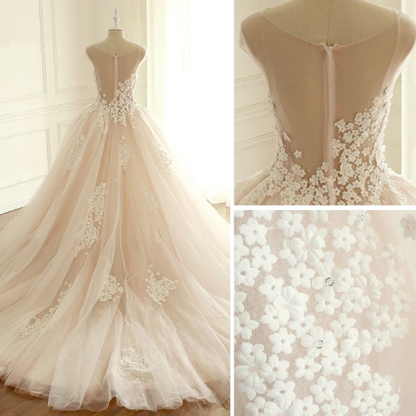 Élégant Champagne Gonflée Robe De Mariée 2018 Robe Boule Appliques V-Cou Sans Manches Cathedral Train Mariage