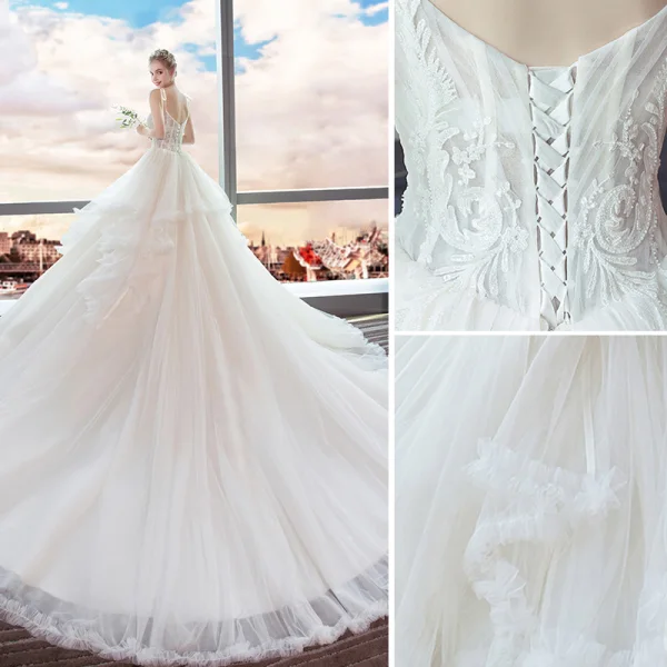 Schöne Ivory / Creme Brautkleider / Hochzeitskleider 2019 A Linie Spaghettiträger Perlenstickerei Spitze Blumen Ärmellos Rückenfreies Fallende Rüsche Kathedrale Schleppe