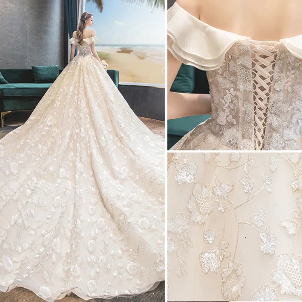 Luxe Champagne Robe De Mariée 2019 Princesse De l'épaule Perlage Perle Paillettes En Dentelle Fleur Manches Courtes Dos Nu Cathedral Train