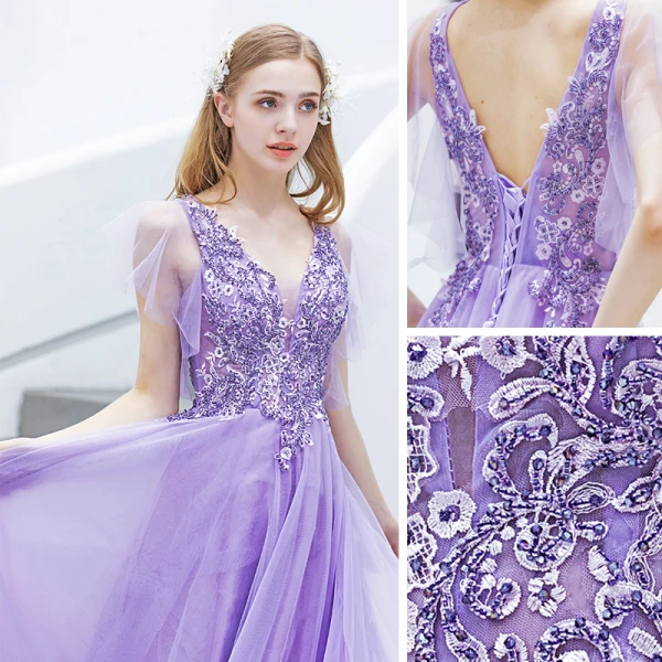 Élégant Lavande Robe De Soirée 2019 Princesse V-Cou Perlage Cristal En Dentelle Fleur Manches Courtes Dos Nu Longue Robe De Ceremonie