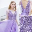 Élégant Lavande Robe De Soirée 2019 Princesse V-Cou Perlage Cristal En Dentelle Fleur Manches Courtes Dos Nu Longue Robe De Ceremonie