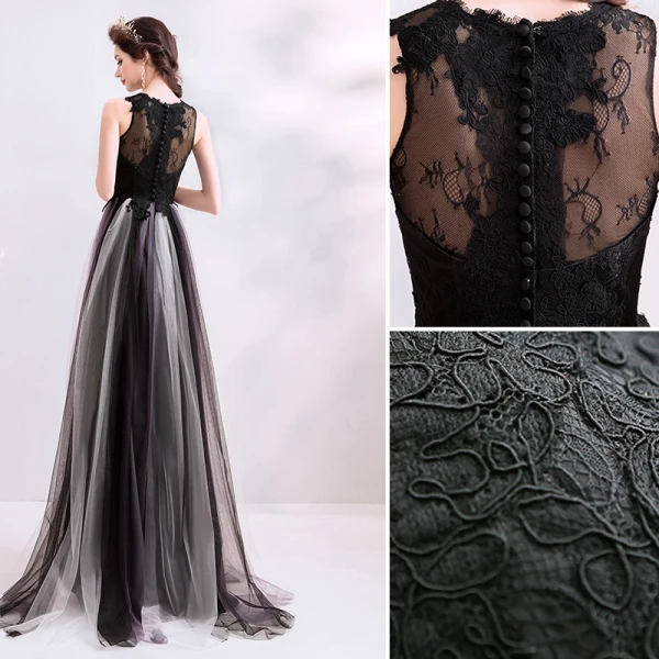 Chic / Beautiful Black Evening Dresses 2019 A-Line / Princess V-Neck Lace Flower Buttons Sleeveless Floor-Length / Long Formal Dresses