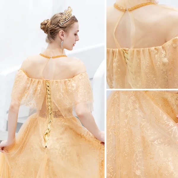 Charming Gold Evening Dresses 2019 A-Line / Princess Scoop Neck Beading Crystal Sequins Lace Flower Short Sleeve Backless Floor-Length / Long Formal Dresses