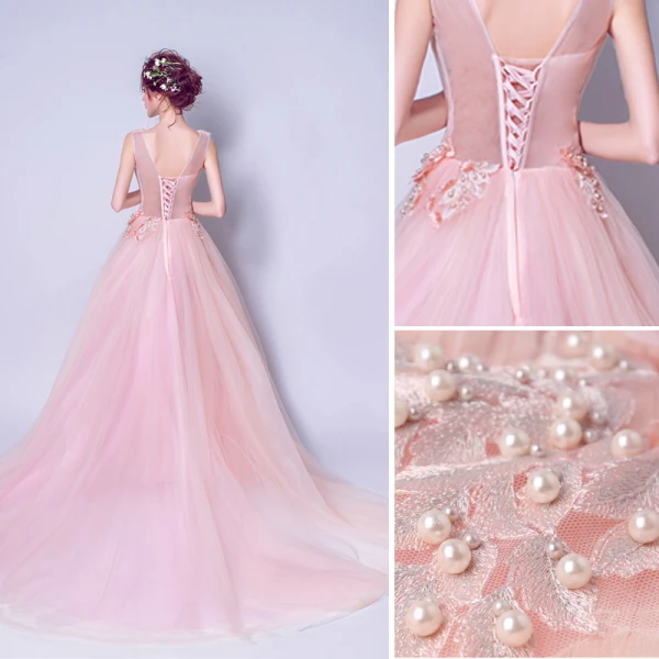 Elegant Pearl Pink Evening Dresses 2019 A-Line / Princess V-Neck Pearl Sequins Appliques Lace Flower Sleeveless Backless Chapel Train Formal Dresses