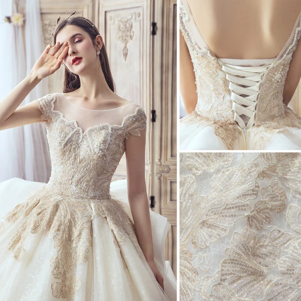 Luxury / Gorgeous Champagne Wedding Dresses 2019 A-Line / Princess Scoop Neck Handmade  Beading Pearl Sequins Rhinestone Lace Flower Short Sleeve Backless Cathedral Train