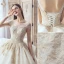 Luxury / Gorgeous Champagne Wedding Dresses 2019 A-Line / Princess Scoop Neck Handmade  Beading Pearl Sequins Rhinestone Lace Flower Short Sleeve Backless Cathedral Train
