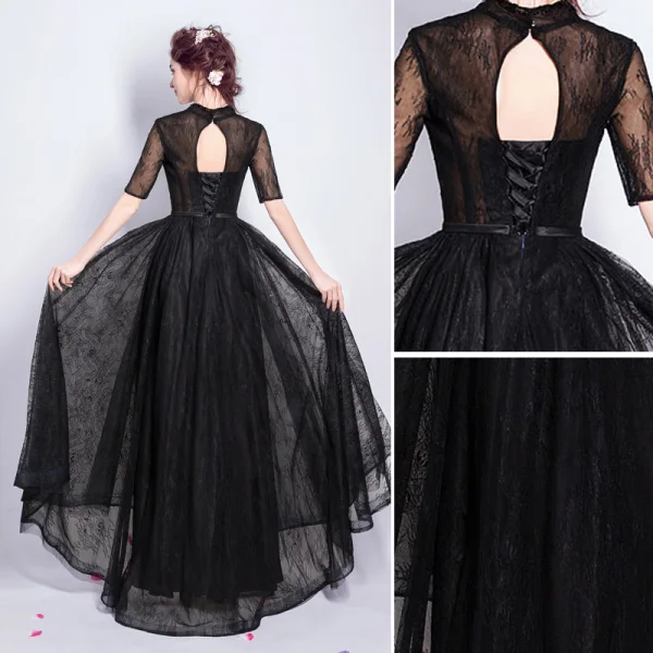 Modest / Simple Vintage / Retro Black Prom Dresses 2021 A-Line / Princess V-Neck Beading Lace Flower Short Sleeve Backless Floor-Length / Long Evening Party Formal Dresses