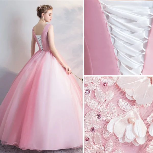 Elegant Candy Pink Quinceañera Prom Dresses 2018 Ball Gown Appliques Pearl Scoop Neck Backless Sleeveless Floor-Length / Long Formal Dresses