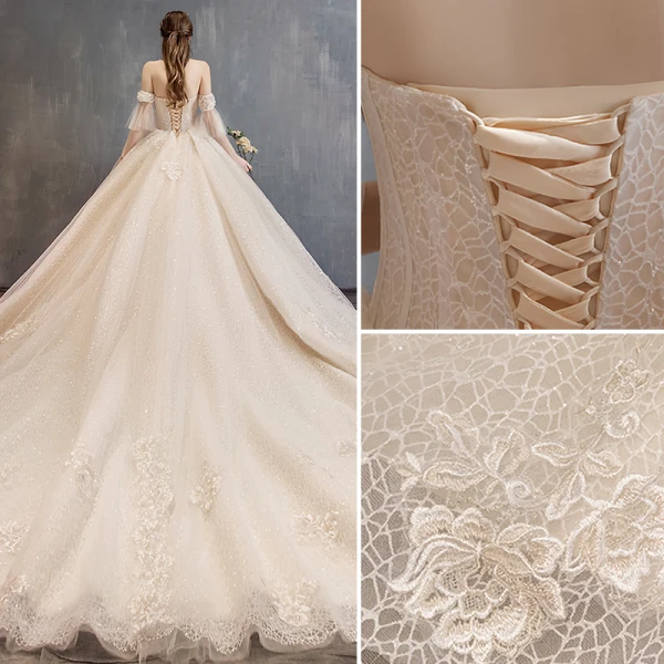 Charming Champagne Wedding Dresses 2019 Ball Gown Strapless Beading Lace Flower Short Sleeve Backless Cathedral Train