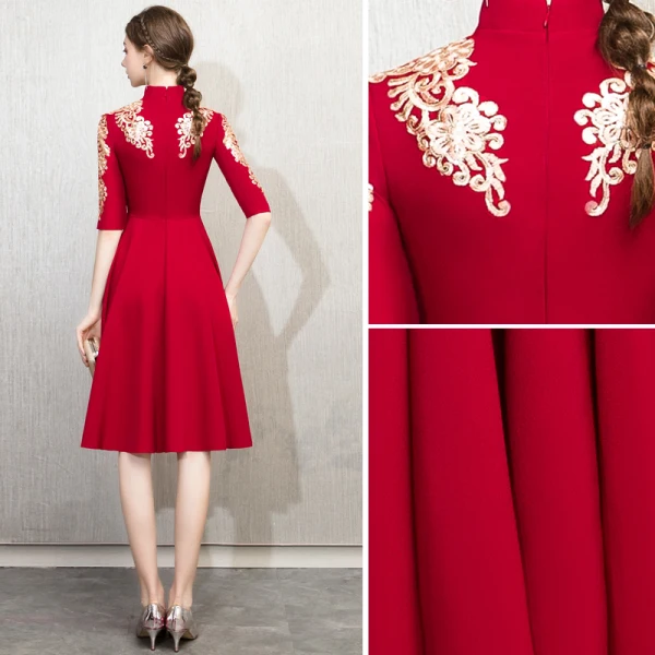 Chinese style Burgundy Evening Dresses  2019 A-Line / Princess High Neck Gold Lace Flower 1/2 Sleeves Knee-Length Formal Dresses