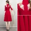 Chinese style Burgundy Evening Dresses  2019 A-Line / Princess High Neck Gold Lace Flower 1/2 Sleeves Knee-Length Formal Dresses