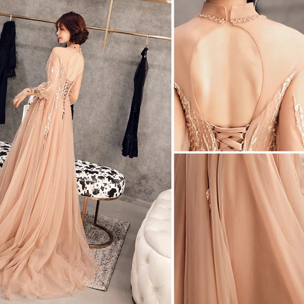 Élégant Champagne Robe De Soirée 2019 Princesse Col Haut Perlage Perle En Dentelle Fleur 1/2 Manches Dos Nu Train De Balayage Robe De Ceremonie