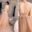 Élégant Champagne Robe De Soirée 2019 Princesse Col Haut Perlage Perle En Dentelle Fleur 1/2 Manches Dos Nu Train De Balayage Robe De Ceremonie