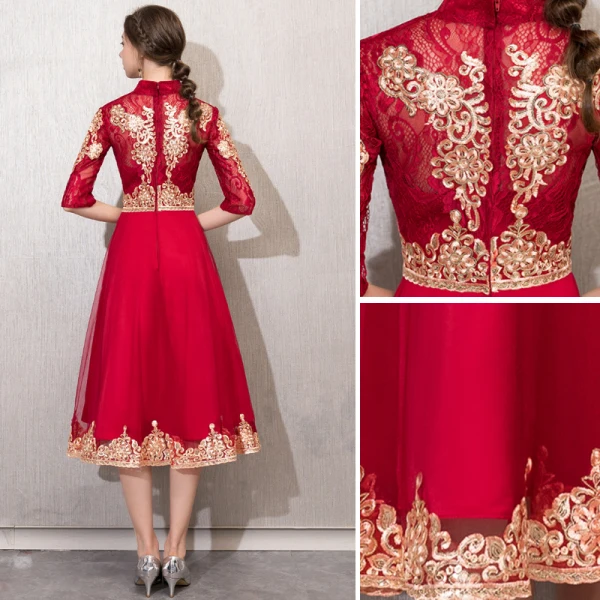 Chinese style Burgundy Evening Dresses 2019 A-Line / Princess High Neck Sequins Lace Flower 1/2 Sleeves Tea-length Formal Dresses