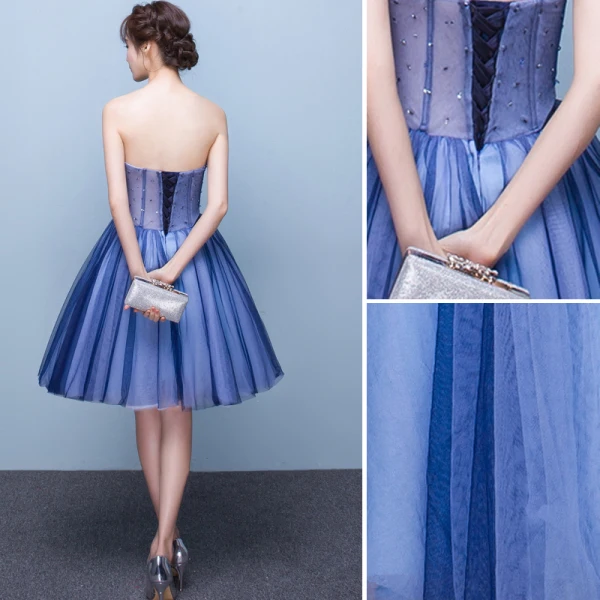 Sexy Meeresblau Cocktailkleider 2019 A Linie Bandeau Perlenstickerei Pailletten Kristall Spitze Blumen Ärmellos Rückenfreies Kurze Festliche Kleider