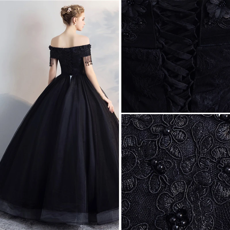Affordable Black Puffy Quinceaera Prom Dresses 2018 Ball Gown Lace Flower Beading Pearl