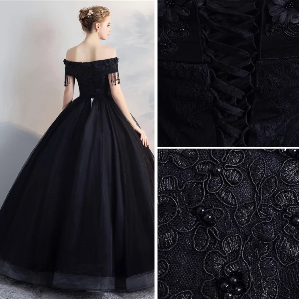 Affordable Black Puffy Quinceañera Prom Dresses 2018 Ball Gown Lace Flower Beading Pearl Tassel Off-The-Shoulder Backless Short Sleeve Floor-Length / Long