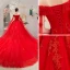Chic / Beautiful Red Wedding Dresses 2019 A-Line / Princess Off-The-Shoulder Beading Pearl Appliques Lace Flower Sequins Short Sleeve Backless Cathedral Train