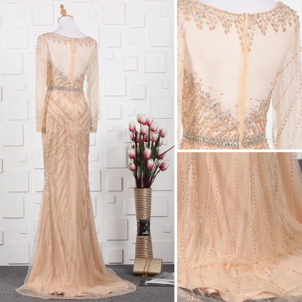 Luxury / Gorgeous Gold Handmade  Beading Evening Dresses  2019 Trumpet / Mermaid Scoop Neck Crystal Rhinestone Long Sleeve Sweep Train Formal Dresses