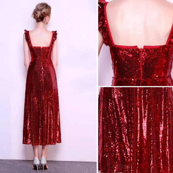 Chic / Belle Bordeaux de retour Robe De Graduation 2019 Princesse Encolure Carrée Paillettes Sans Manches Dos Nu Longueur Cheville Robe De Ceremonie