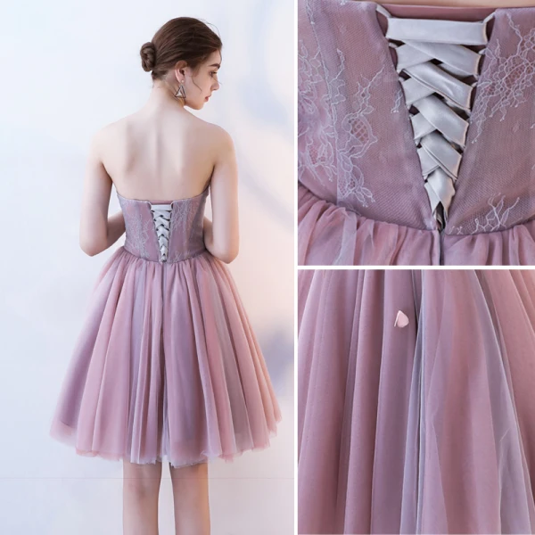 Sexy Blushing Pink Cocktail Dresses 2019 A-Line / Princess Strapless Appliques Pearl Crystal Lace Flower Sleeveless Backless Short Formal Dresses