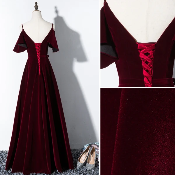 Elegant Burgundy Evening Dresses  2019 A-Line / Princess Spaghetti Straps Suede Bow Short Sleeve Backless Floor-Length / Long Formal Dresses
