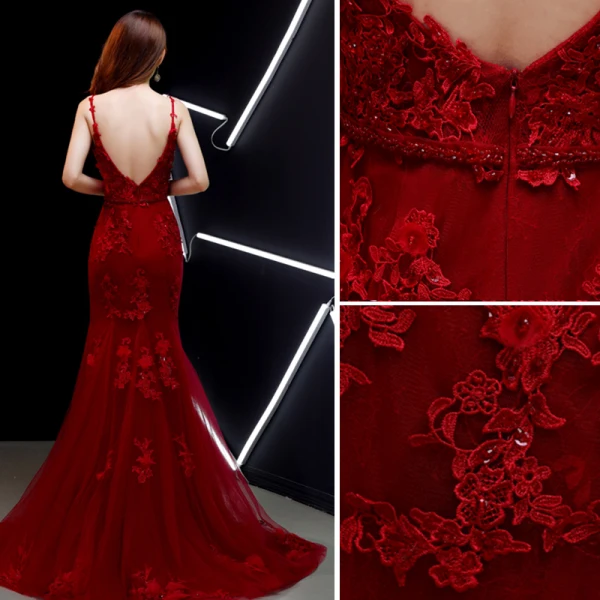 Charmant Bordeaux Robe De Soirée 2019 Trompette / Sirène Bretelles Spaghetti Cristal Appliques En Dentelle Fleur Sans Manches Dos Nu Train De Balayage Robe De Ceremonie