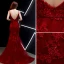 Charmant Bordeaux Robe De Soirée 2019 Trompette / Sirène Bretelles Spaghetti Cristal Appliques En Dentelle Fleur Sans Manches Dos Nu Train De Balayage Robe De Ceremonie