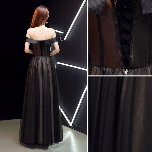 Charming Black Evening Dresses 2019 A-Line / Princess Off-The-Shoulder Crystal Lace Flower Short Sleeve Backless Floor-Length / Long Formal Dresses