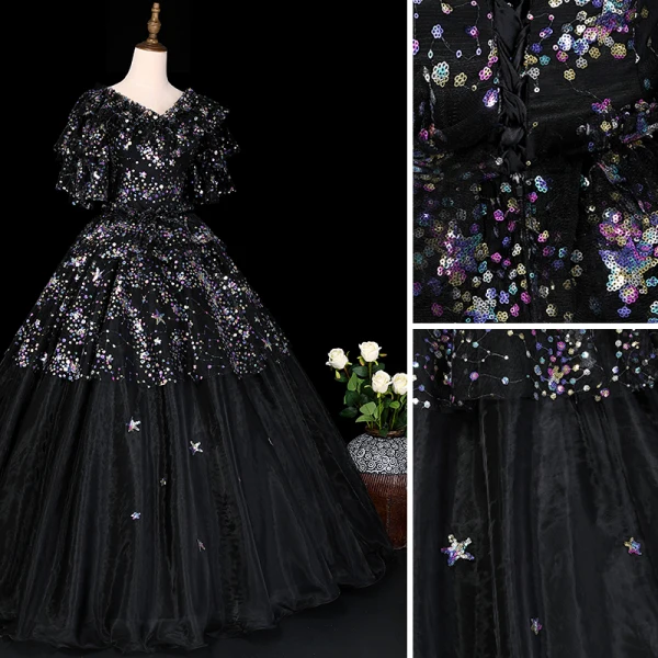 Sparkly Black Prom Dresses 2019 A-Line / Princess V-Neck Star Sequins Lace Flower 1/2 Sleeves Floor-Length / Long Formal Dresses