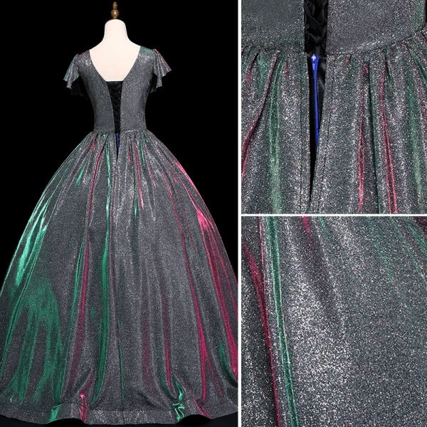 Vintage / Retro Silver Prom Dresses 2019 A-Line / Princess V-Neck Sequins Short Sleeve Backless Floor-Length / Long Formal Dresses